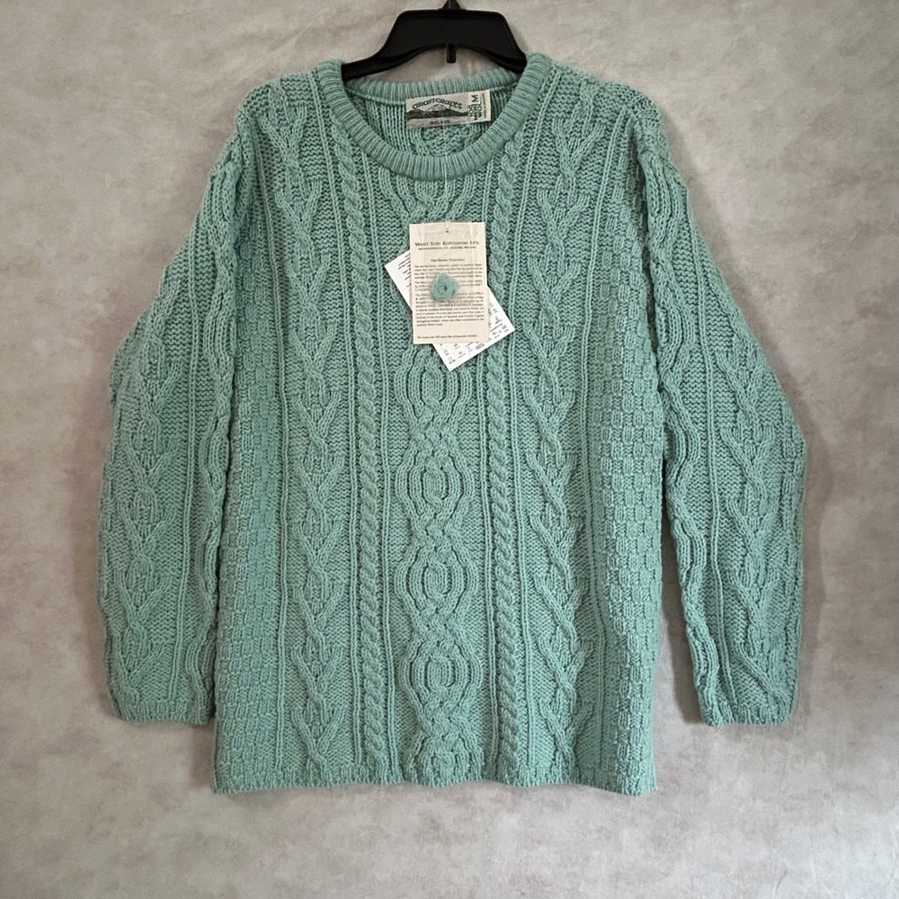 Aran Crafts Ireland Merino Wool Cable Knit Sweater Seafoam Green Mens M Womens M